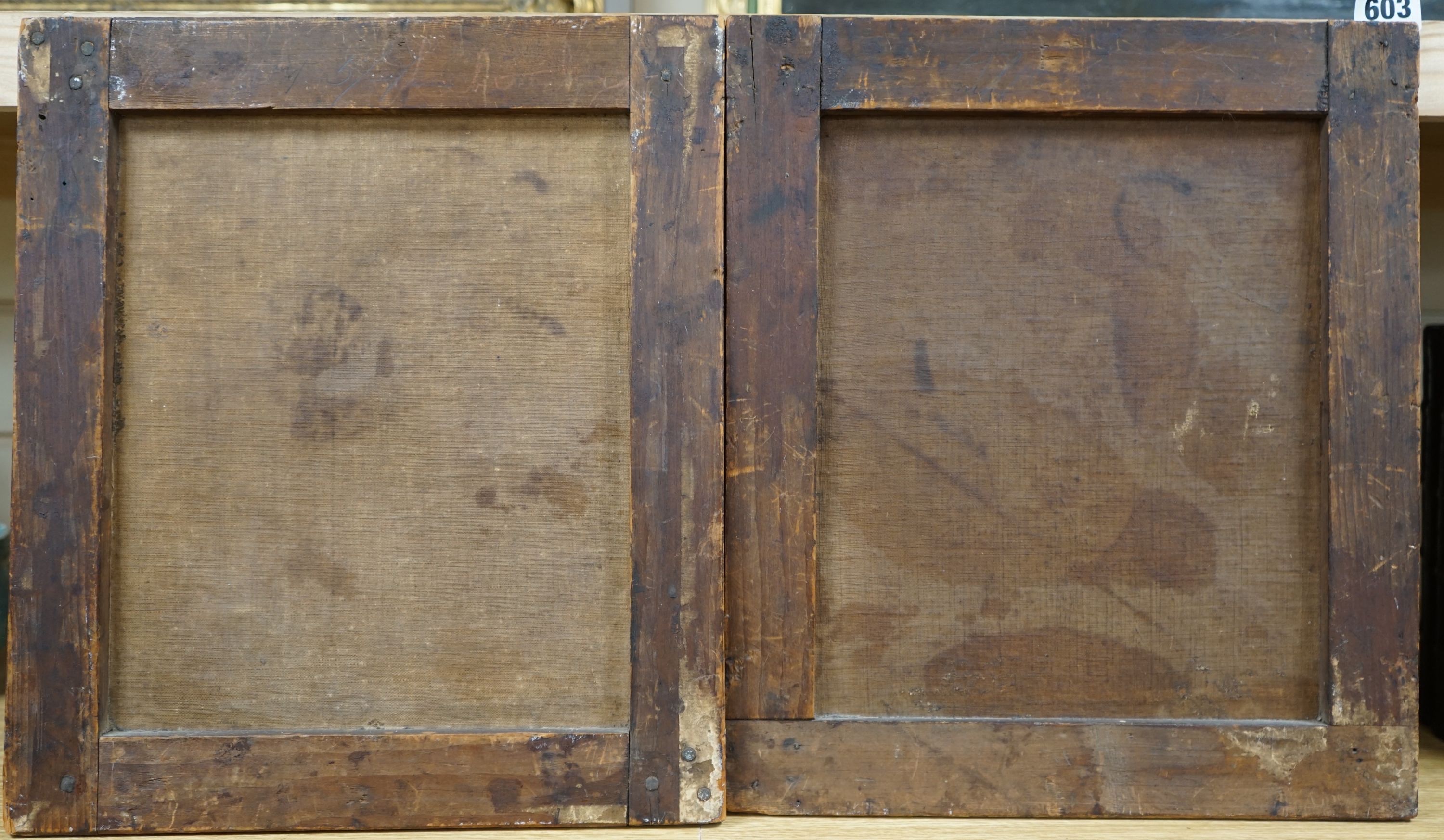 Late 18th century English School, pair of oils on canvas, Portraits of Charles I and Charles II, 36 x 31.5cm, unframed